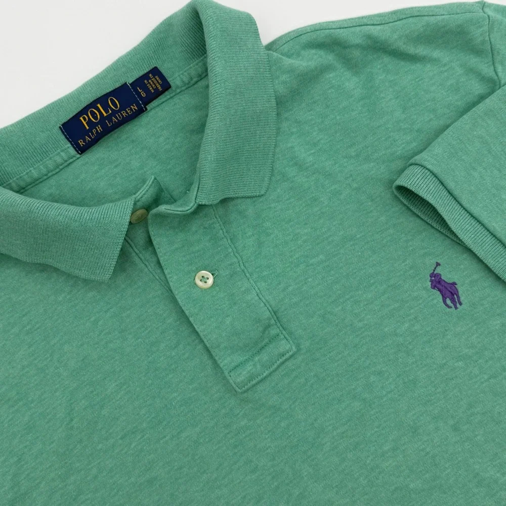 Polo Ralph Lauren Mens Green Heather Short‎ Sleeve Polo Shirt Large Purple Pony